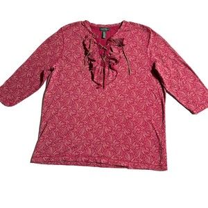 LRL Lauren Jeans Co Red Floral 3/4 Sleeve Lace Up Top Ruffle Women’s Size 1X